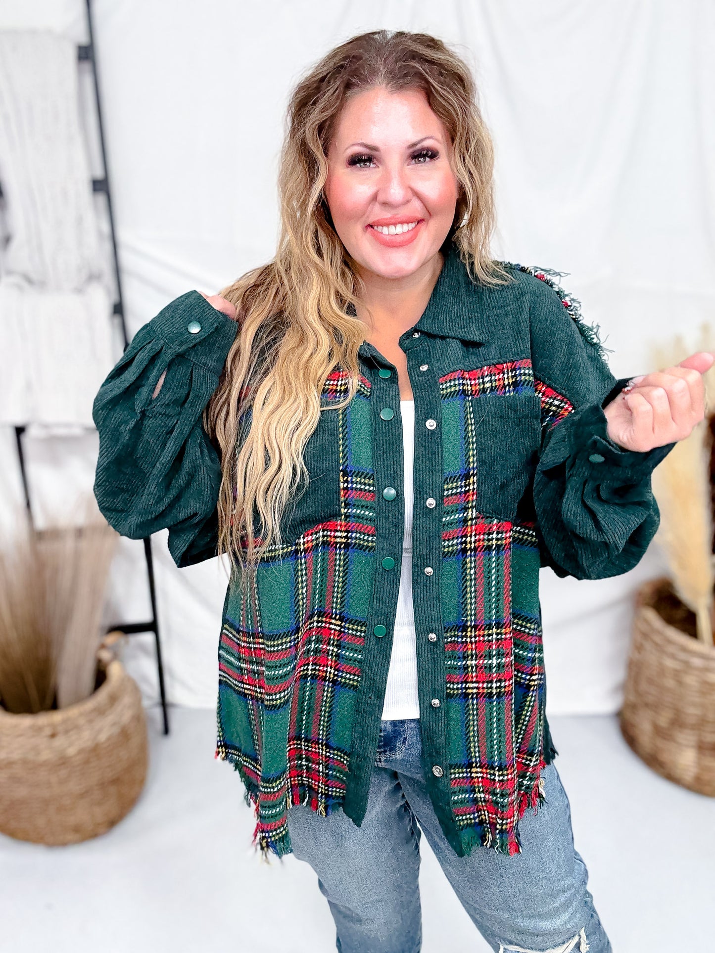 Mixed Plaid And Corduroy Shacket With Frayed Hems