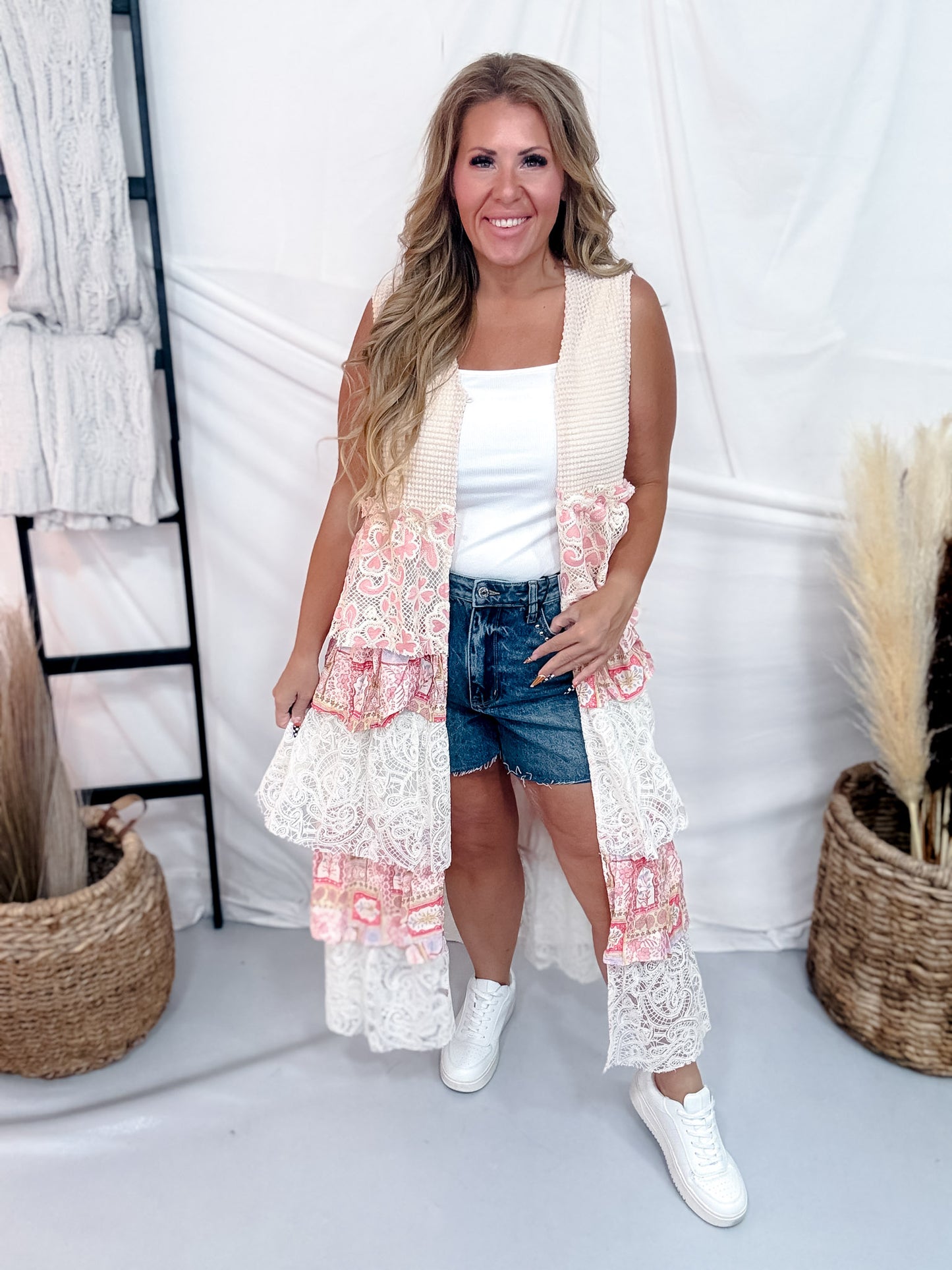 Pink & Cream Waffle Knit Lace Tiered Vest Duster Jacket