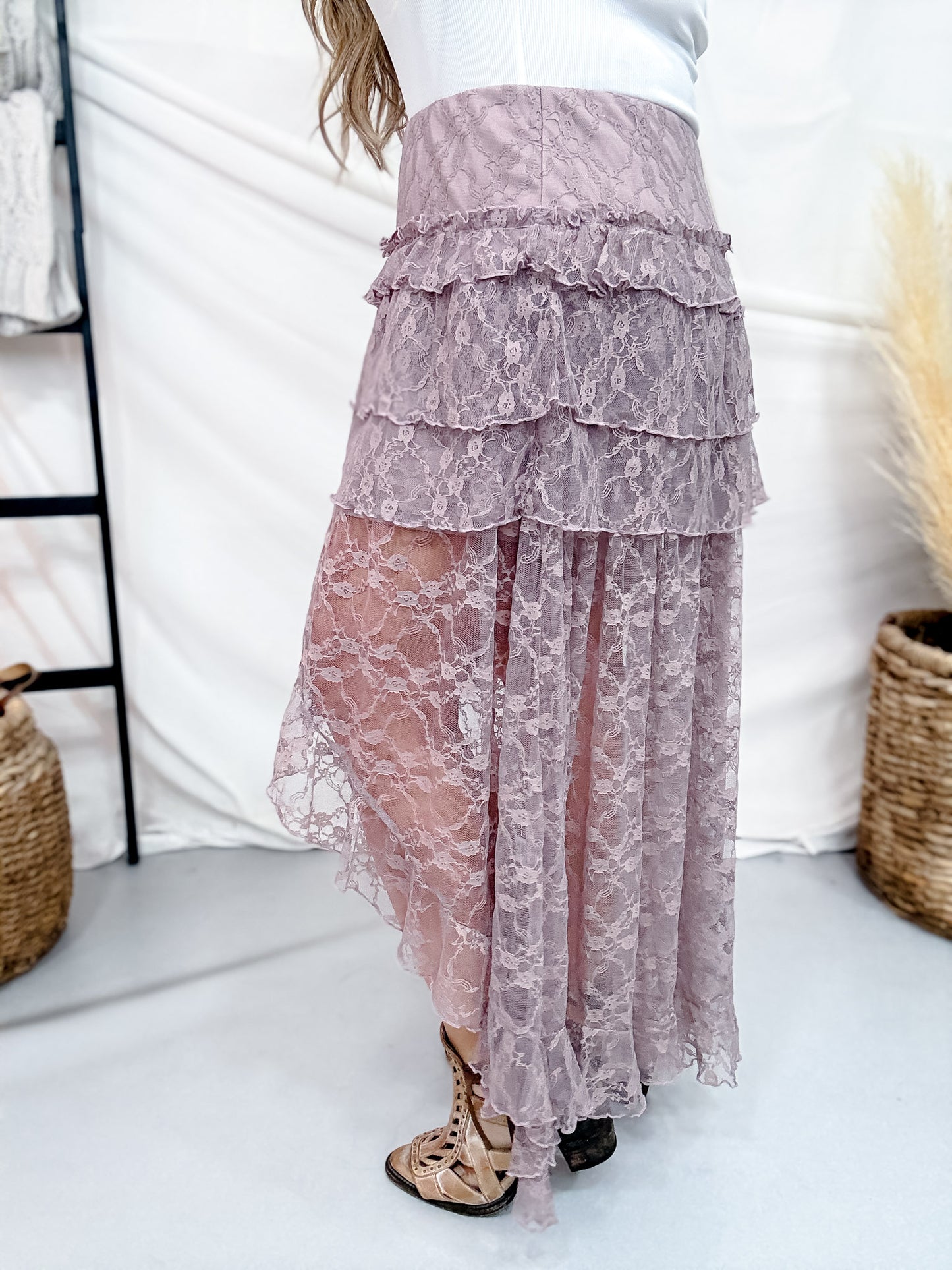 Dusty Lavender Lace Tiered Maxi Skirt