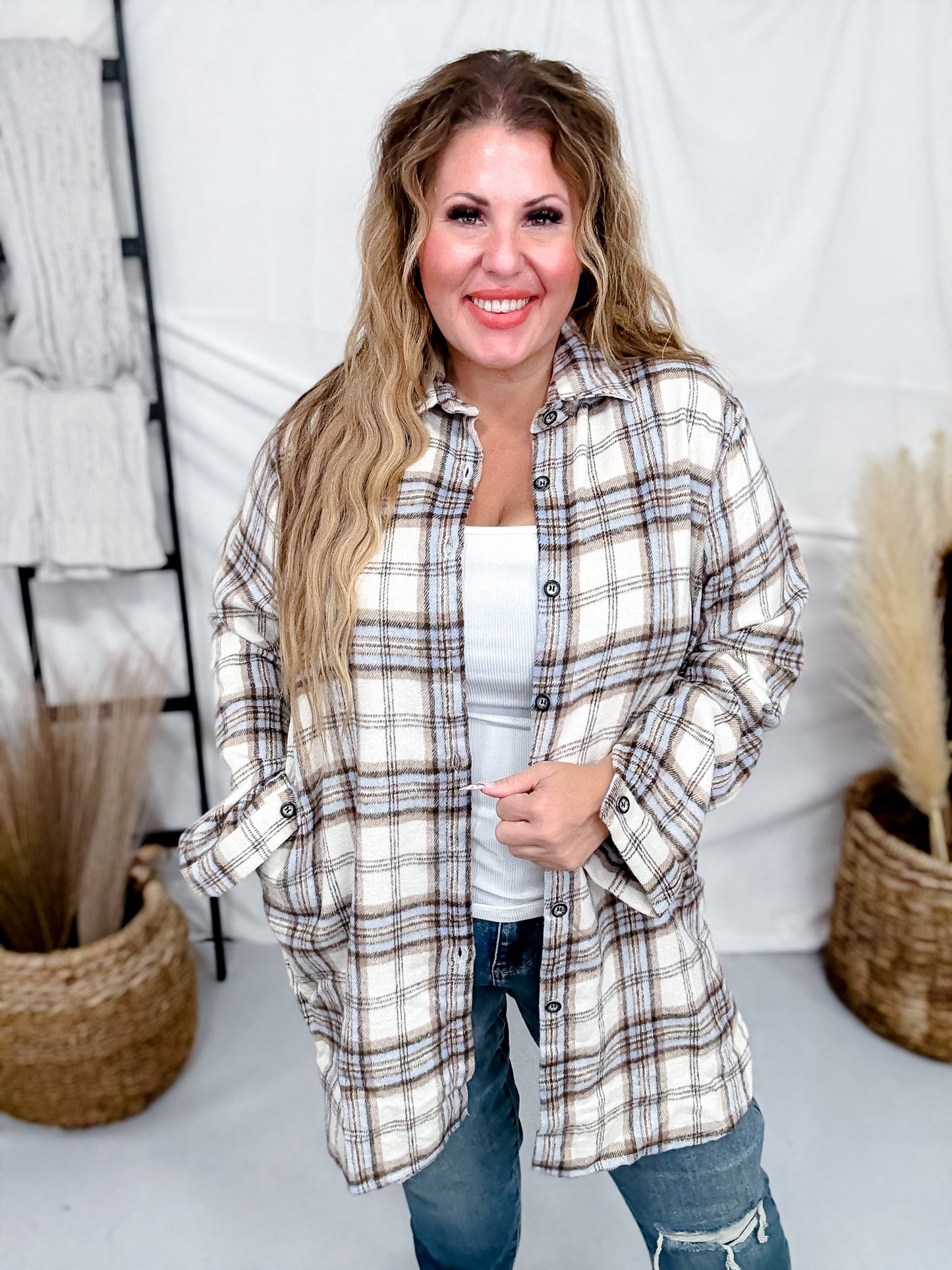 Cream And Sky Blue Plaid Flannel Shacket
