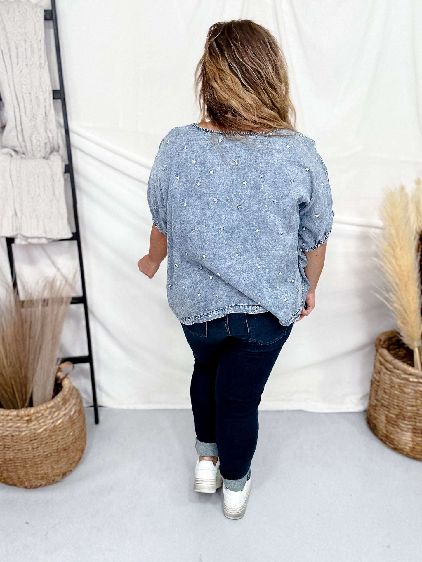 Dolman Sleeve Denim Top With Floral Embroidery