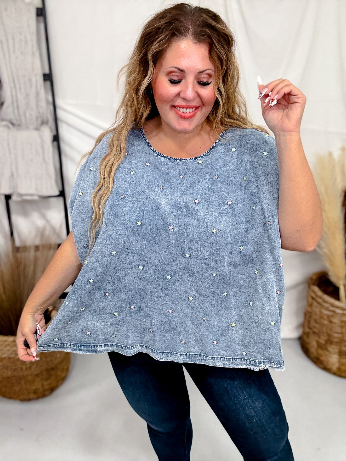 Dolman Sleeve Denim Top With Floral Embroidery