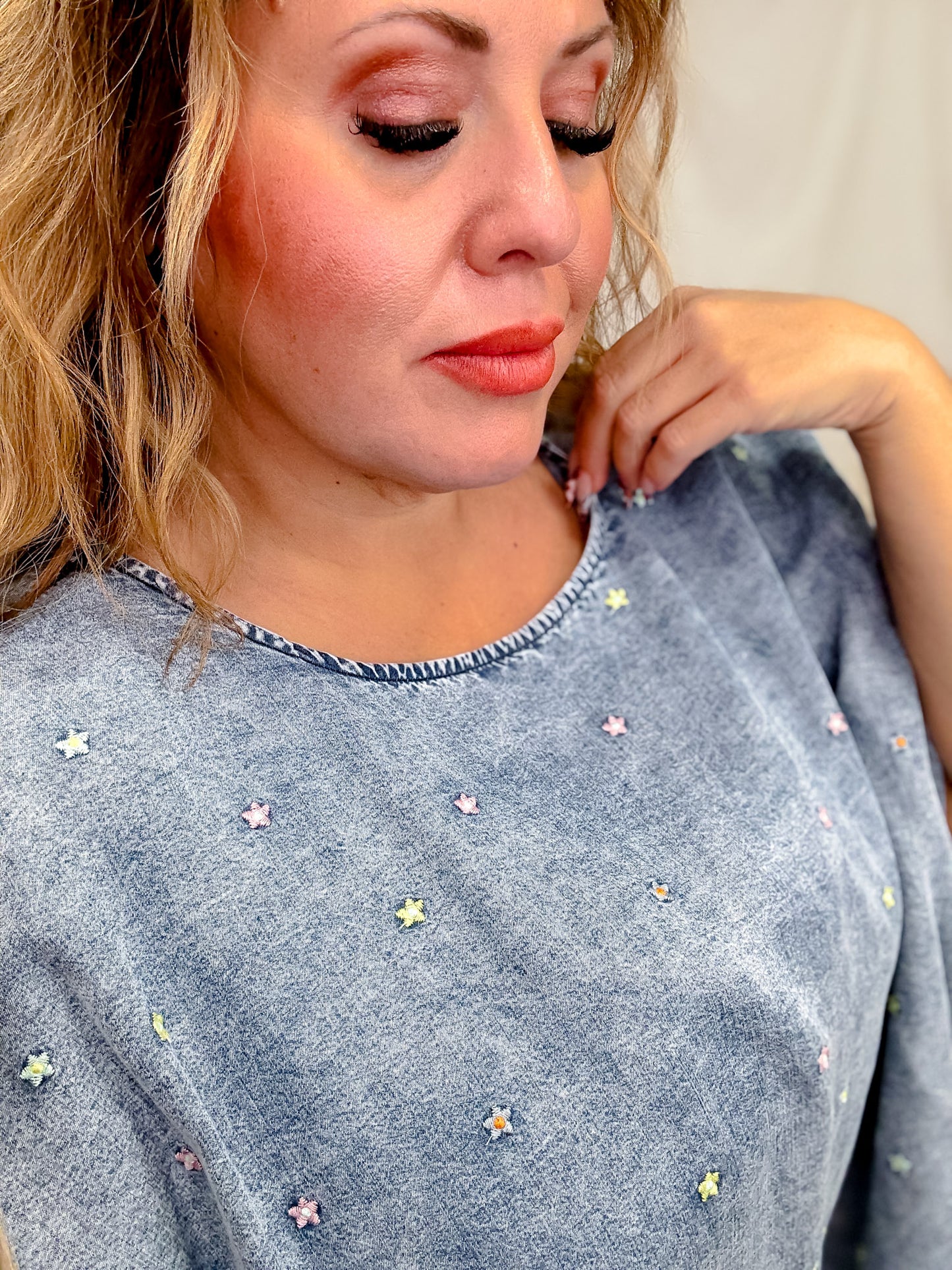 Dolman Sleeve Denim Top With Floral Embroidery