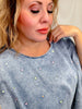 Dolman Sleeve Denim Top With Floral Embroidery