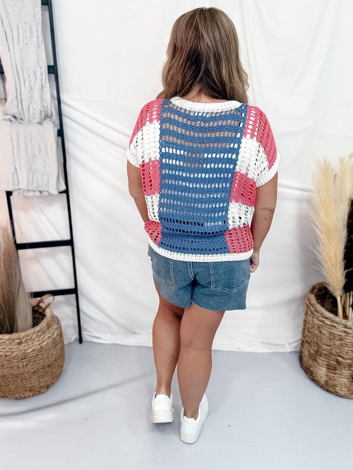 Stars & Stripes Open Knit Short Sleeve Top
