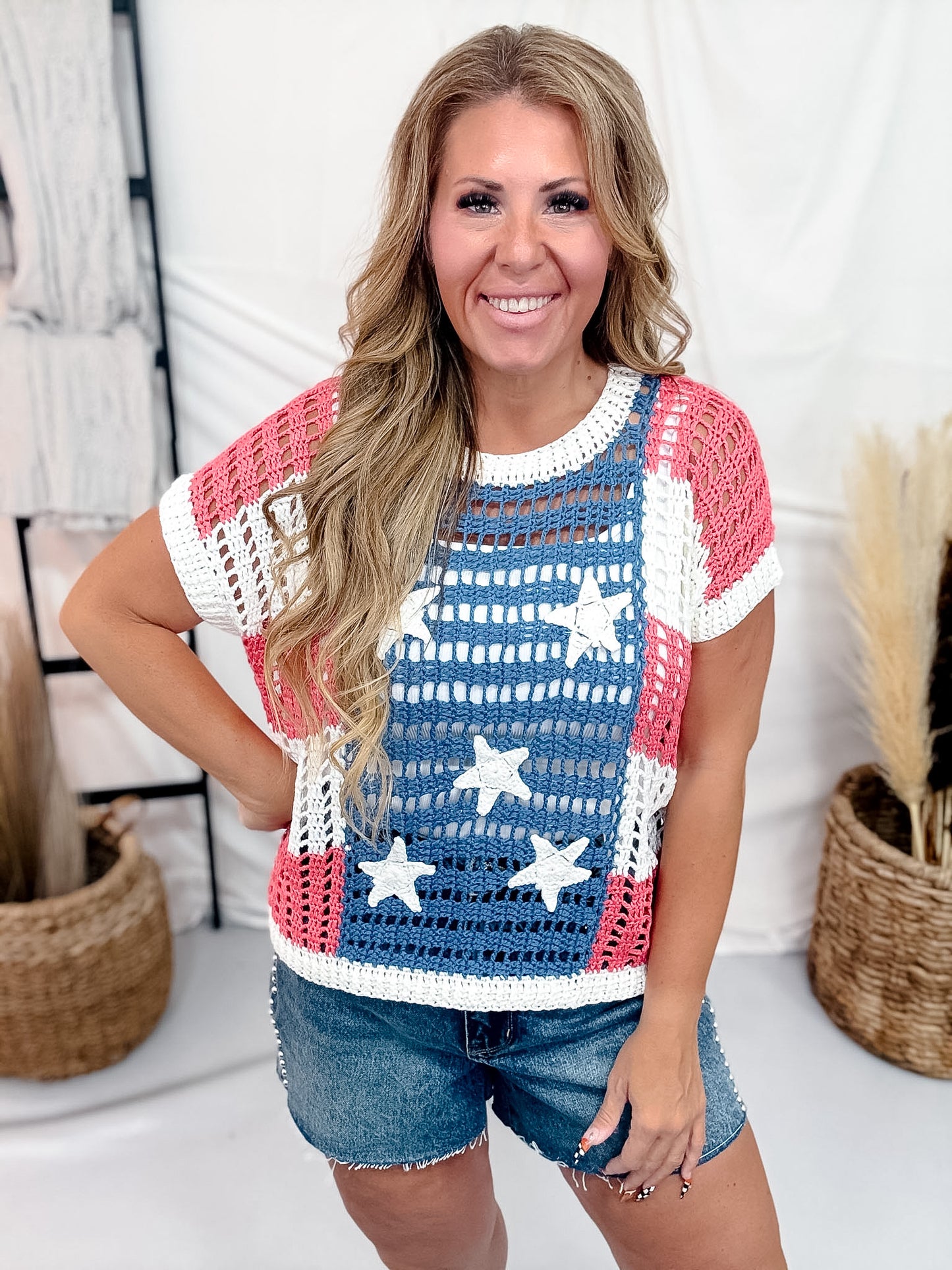 Stars & Stripes Open Knit Short Sleeve Top