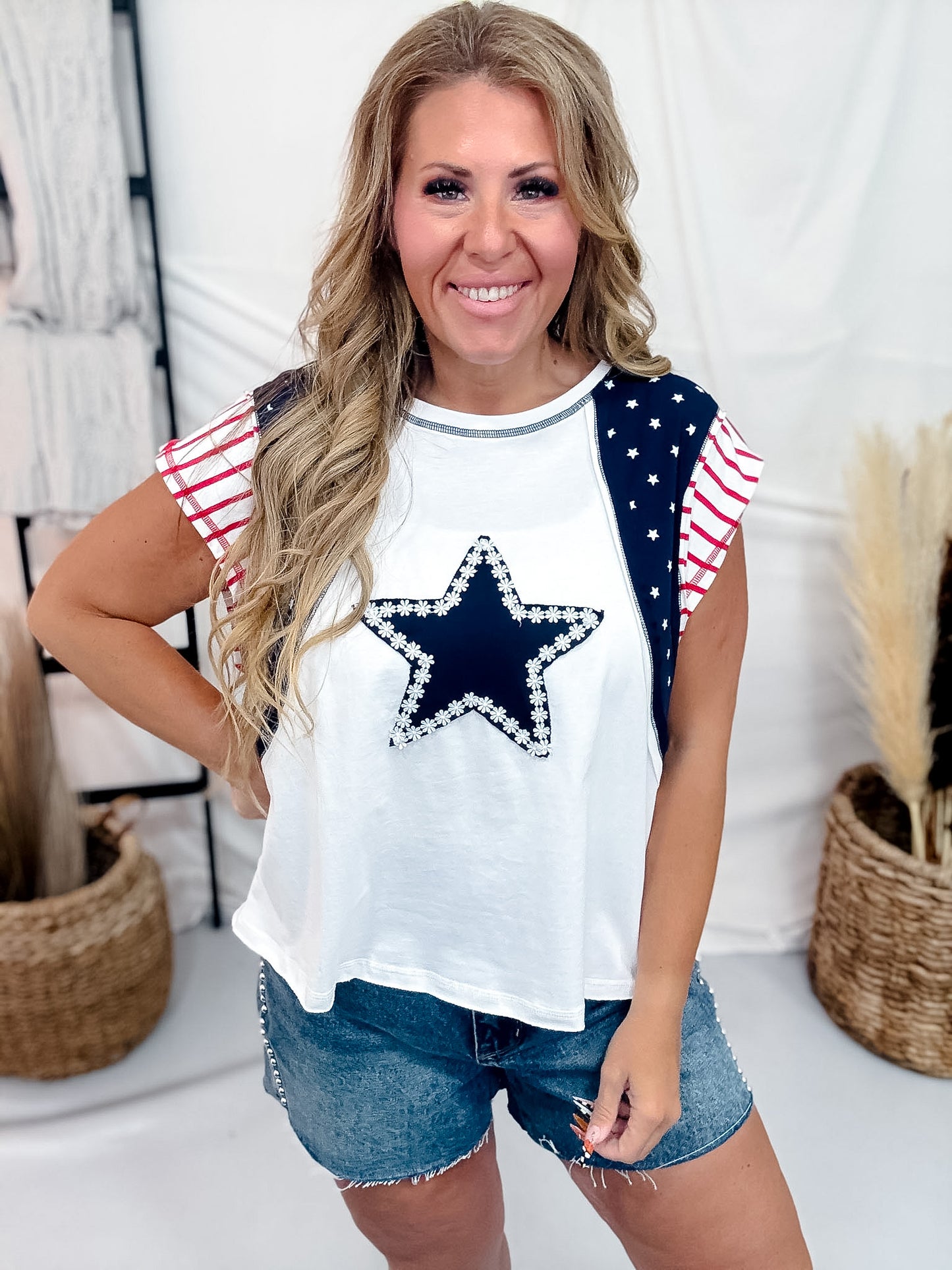 4th Of July Mixed Print Top With Star Applique