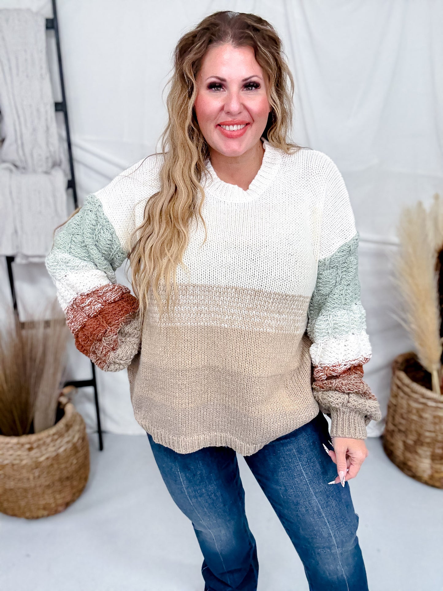 Puff Sleeve Cream Sweater With Rust & Sage Stripes