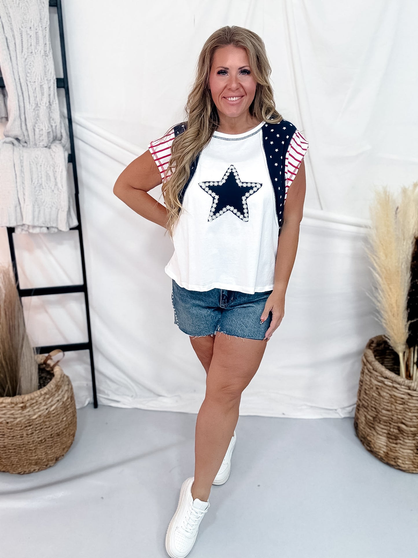 4th Of July Mixed Print Top With Star Applique