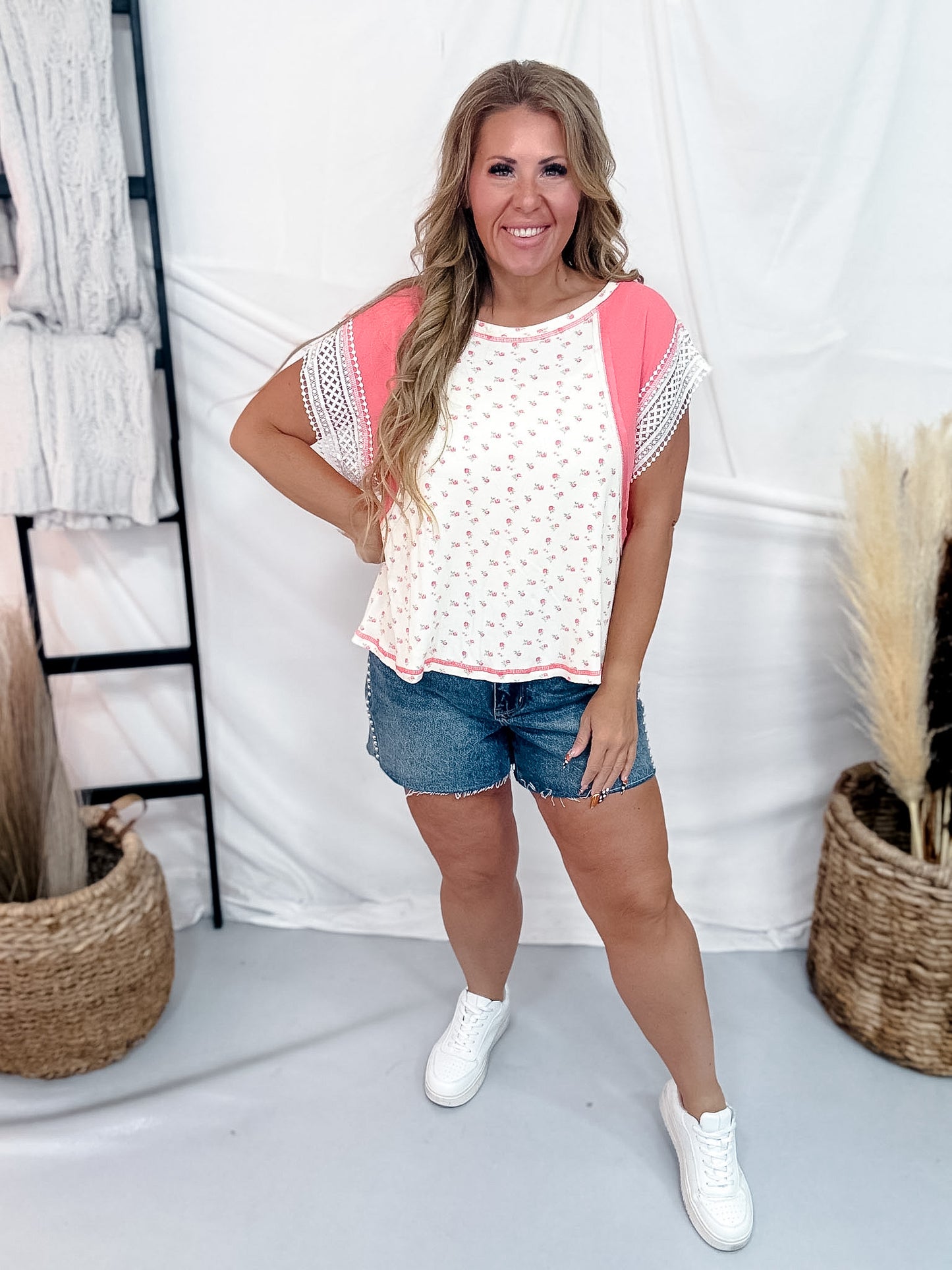 Coral Pink Ditzy Floral Print Top With Crochet Trim Sleeves