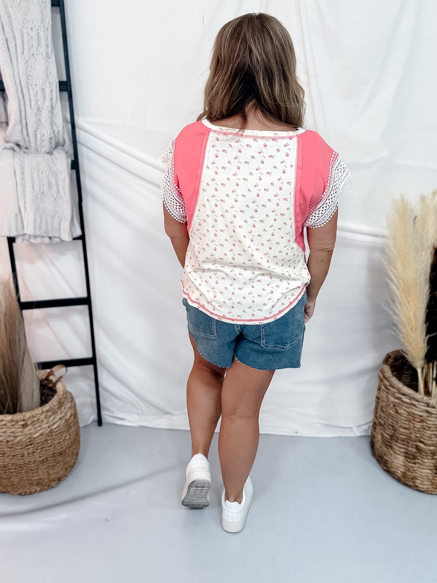 Coral Pink Ditzy Floral Print Top With Crochet Trim Sleeves