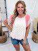 Coral Pink Ditzy Floral Print Top With Crochet Trim Sleeves