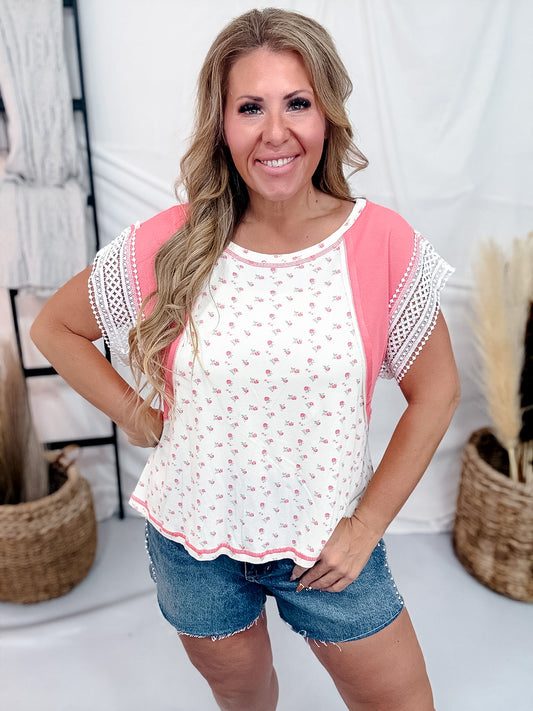 Coral Pink Ditzy Floral Print Top With Crochet Trim Sleeves