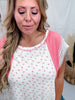 Coral Pink Ditzy Floral Print Top With Crochet Trim Sleeves