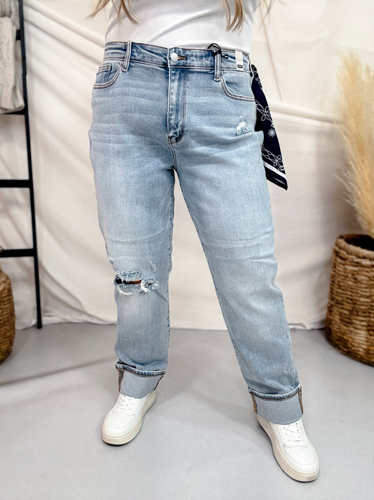 Judy Blue Mid Rise Distressed Knee Boyfriend Jeans W/ Bandana Loop