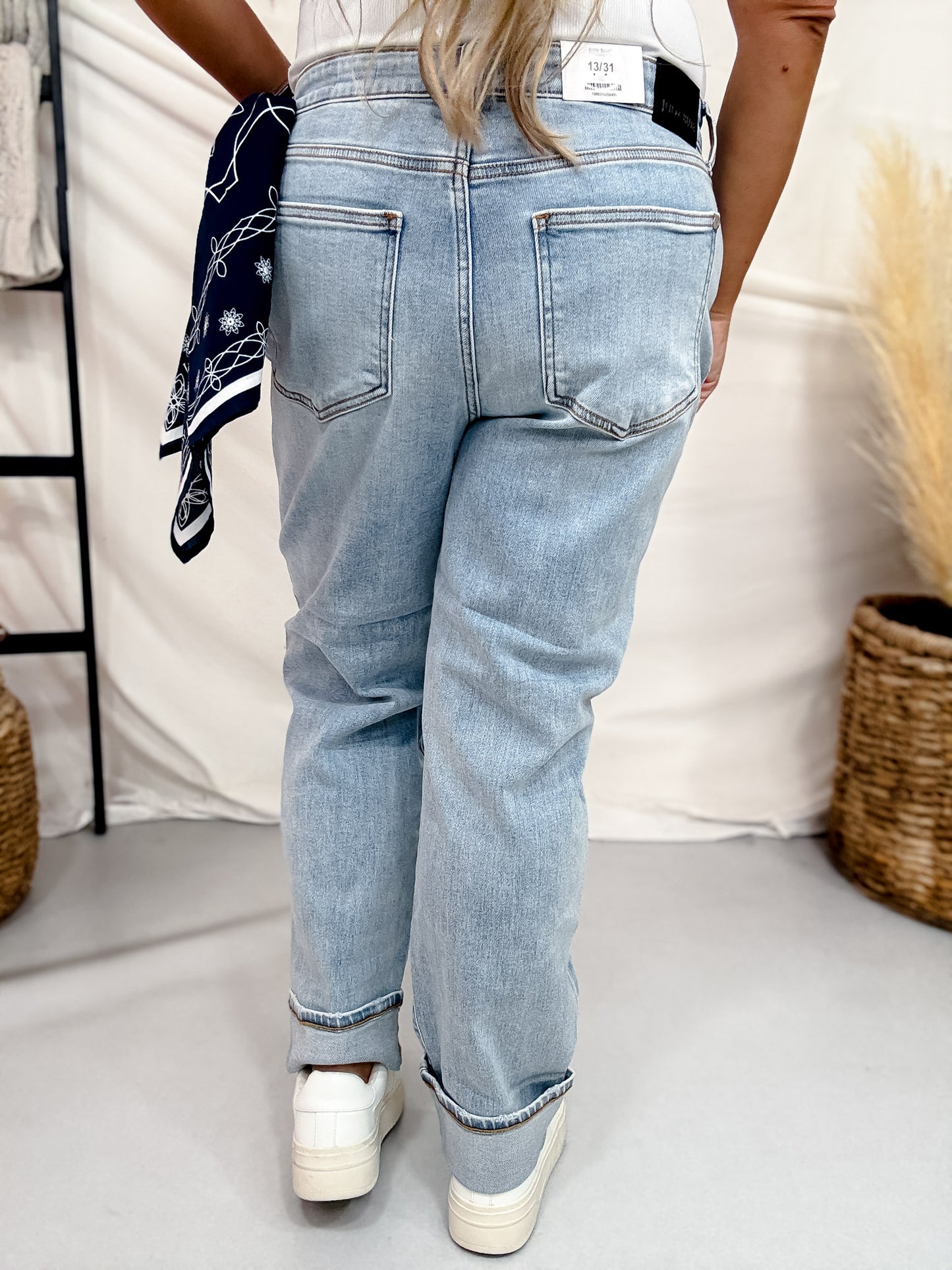 Judy Blue Mid Rise Distressed Knee Boyfriend Jeans W/ Bandana Loop