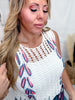 White Sleeveless Open Knit Top With Red White & Blue Braiding