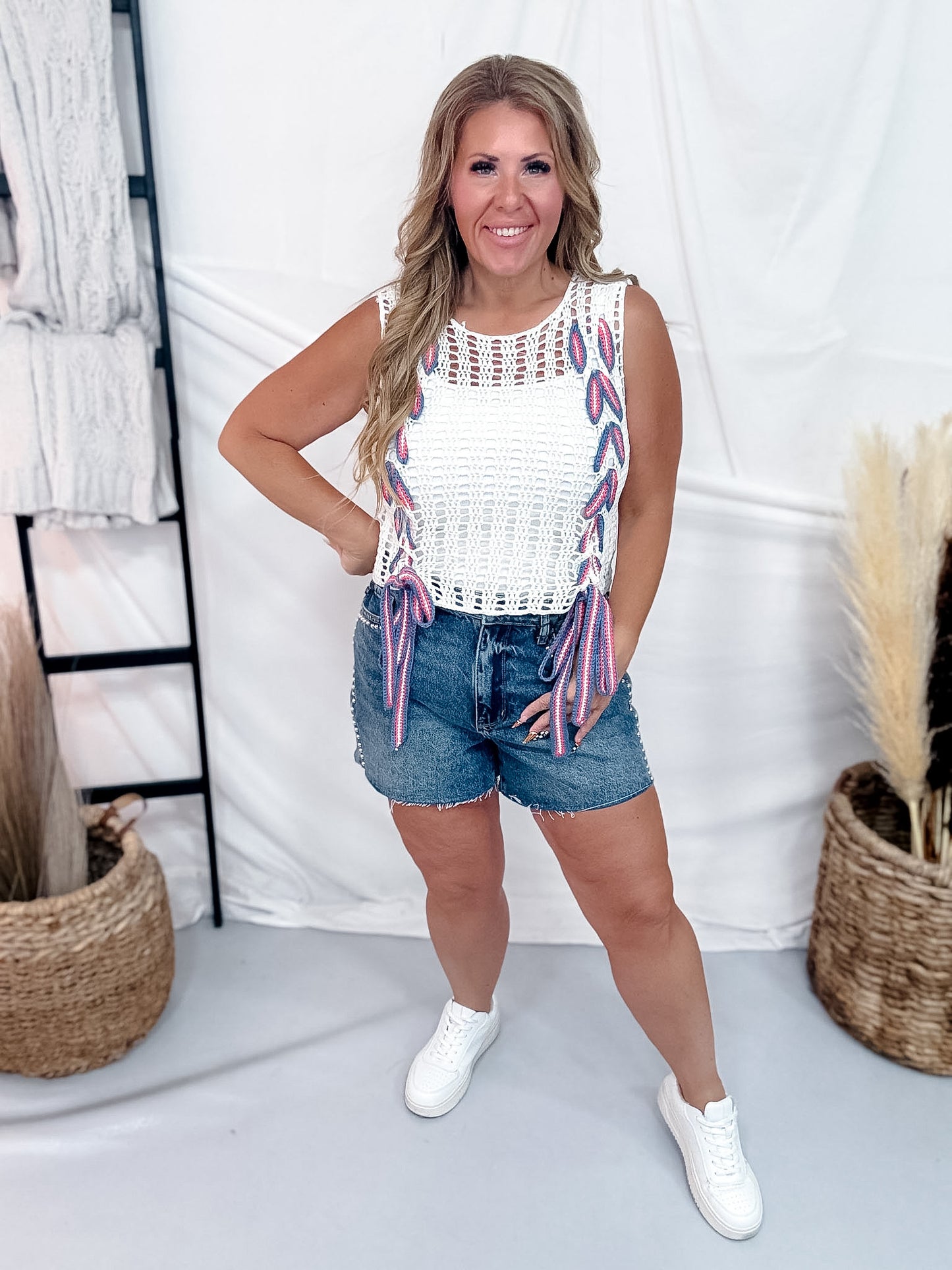White Sleeveless Open Knit Top With Red White & Blue Braiding