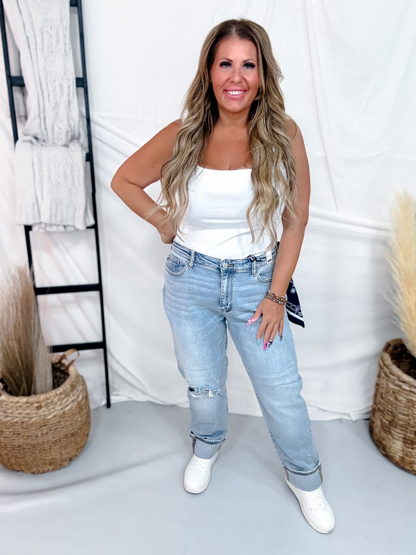 Judy Blue Mid Rise Distressed Knee Boyfriend Jeans W/ Bandana Loop