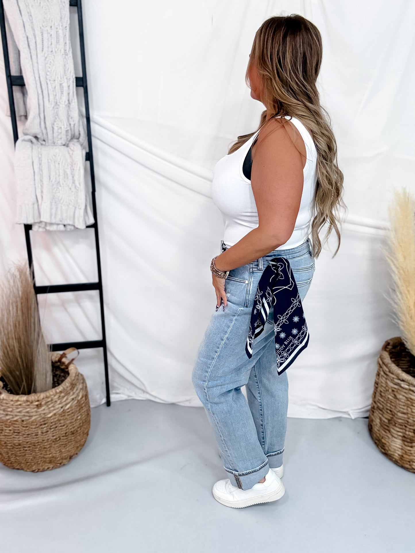 Judy Blue Mid Rise Distressed Knee Boyfriend Jeans W/ Bandana Loop