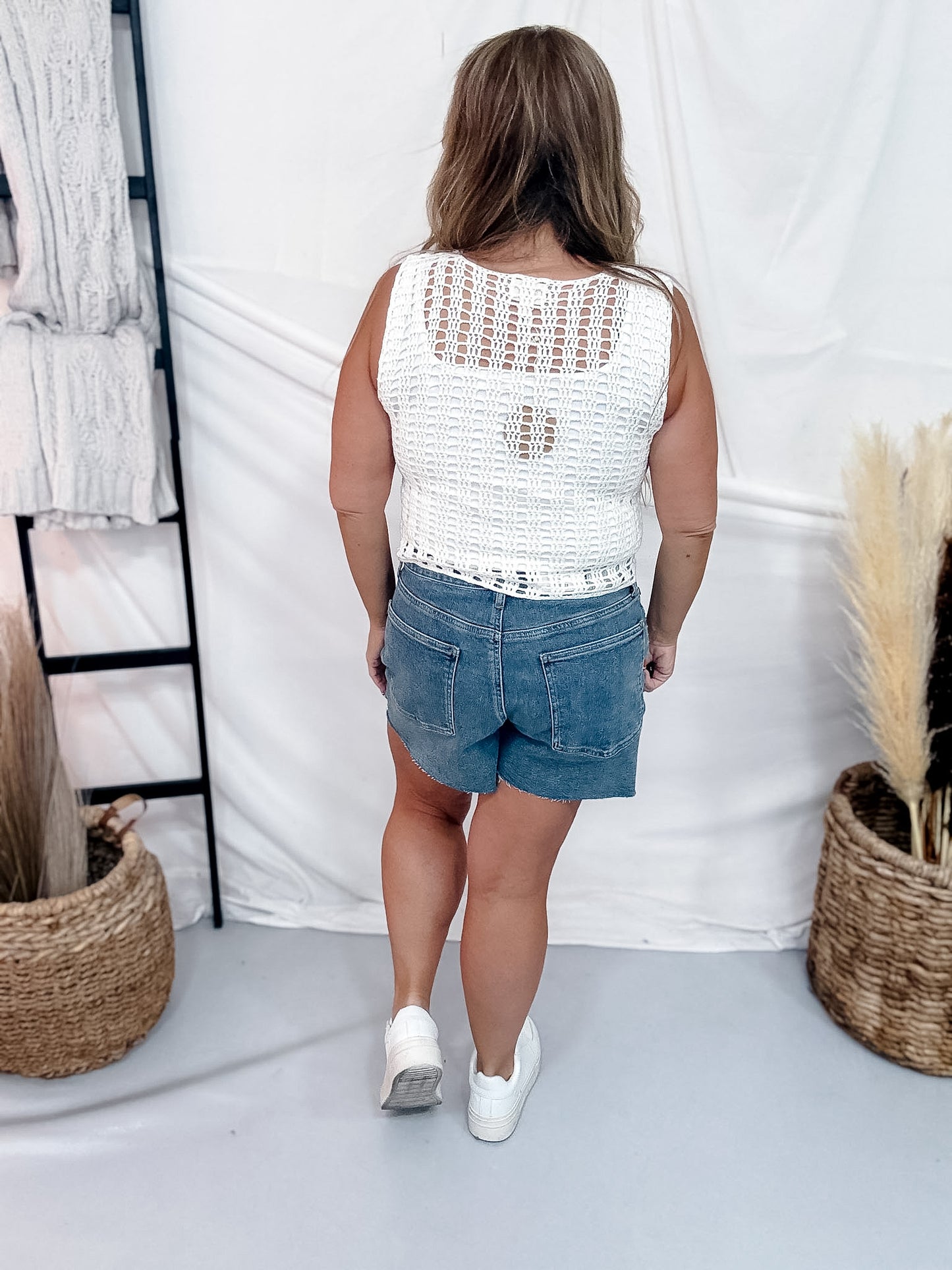 White Sleeveless Open Knit Top With Red White & Blue Braiding