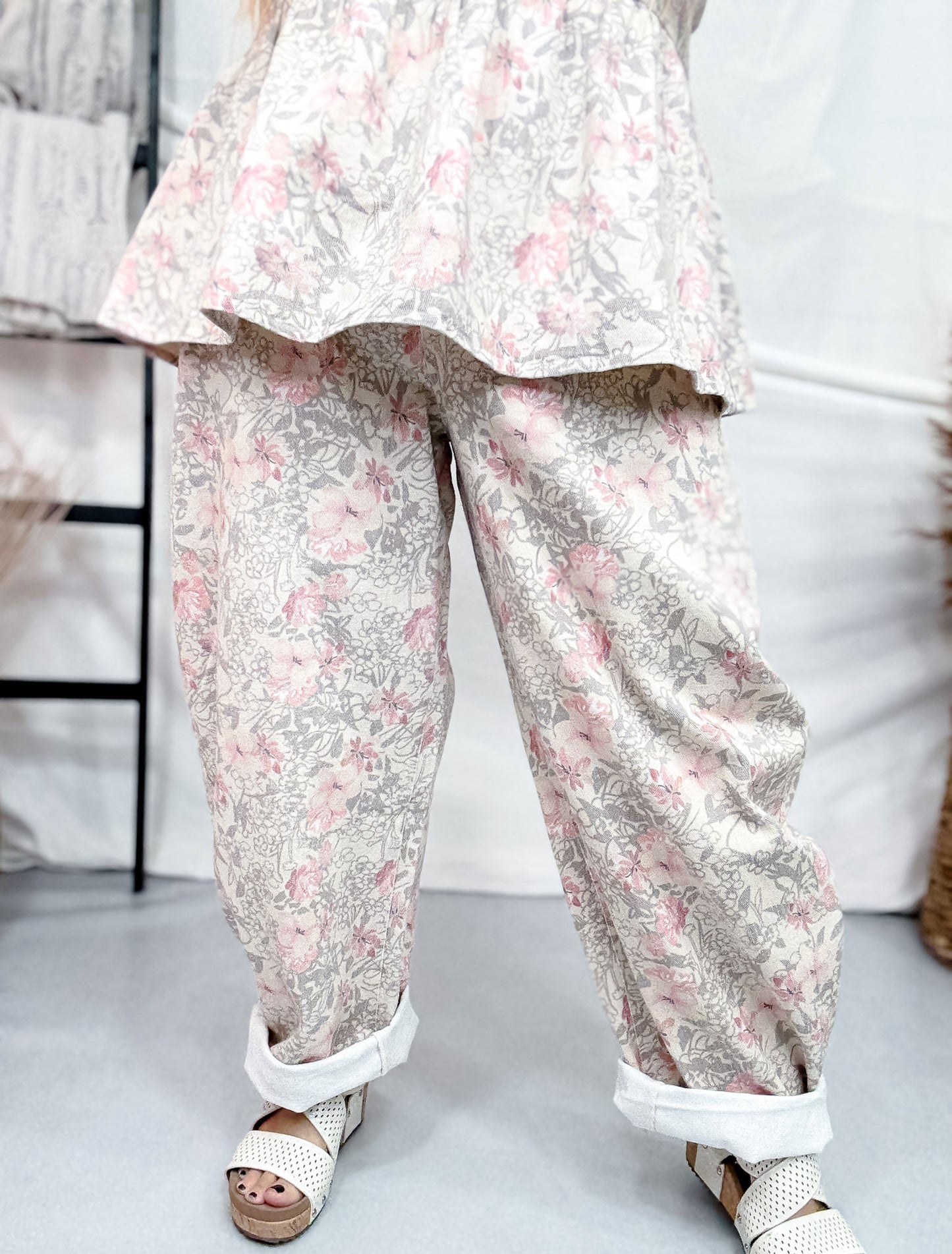 Khaki Floral Barrel Leg Pants
