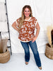 Short Sleeve Jaquard Knit Top With Floral Print In Terra Cotta