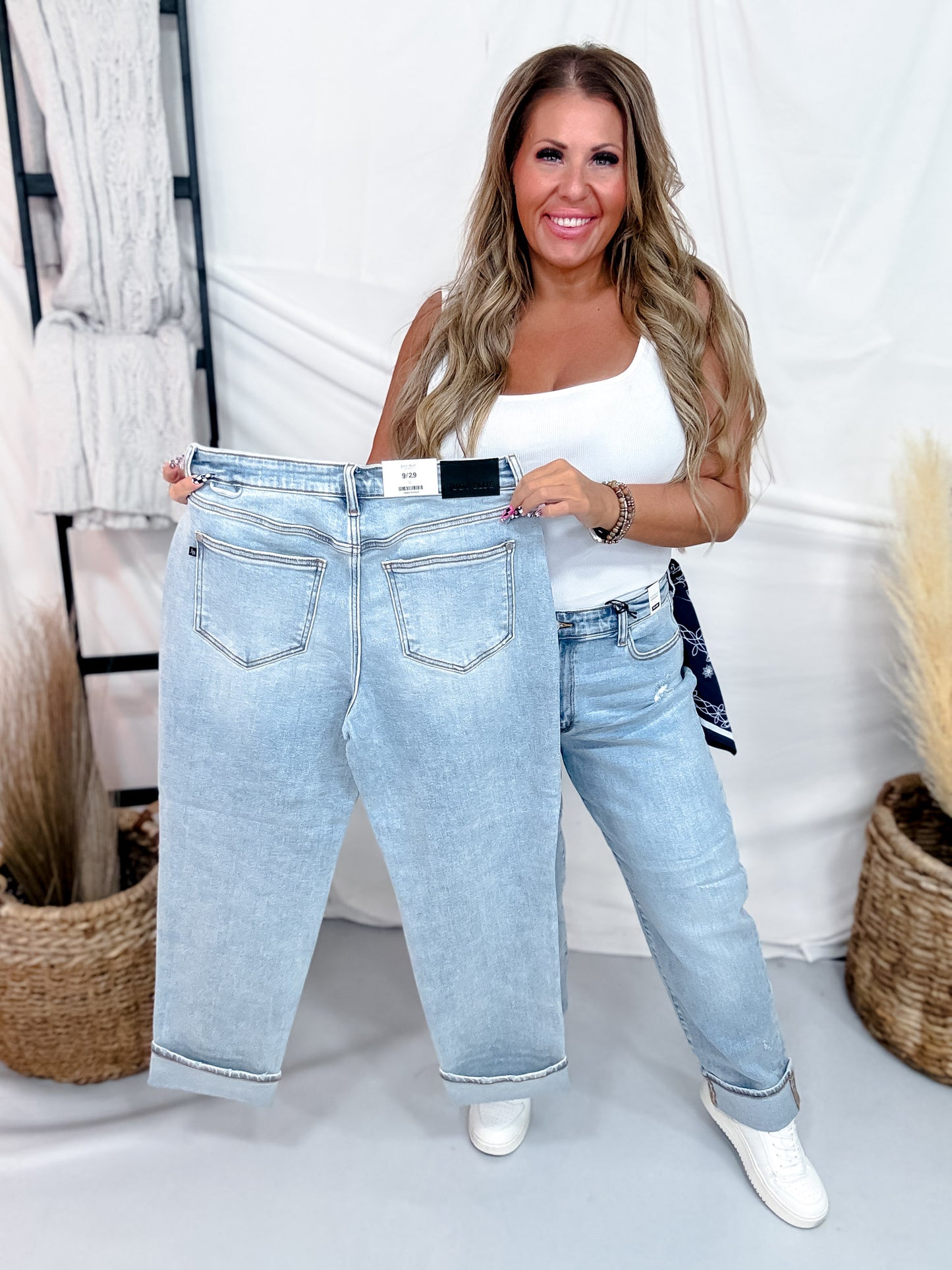 Judy Blue Mid Rise Distressed Knee Boyfriend Jeans W/ Bandana Loop
