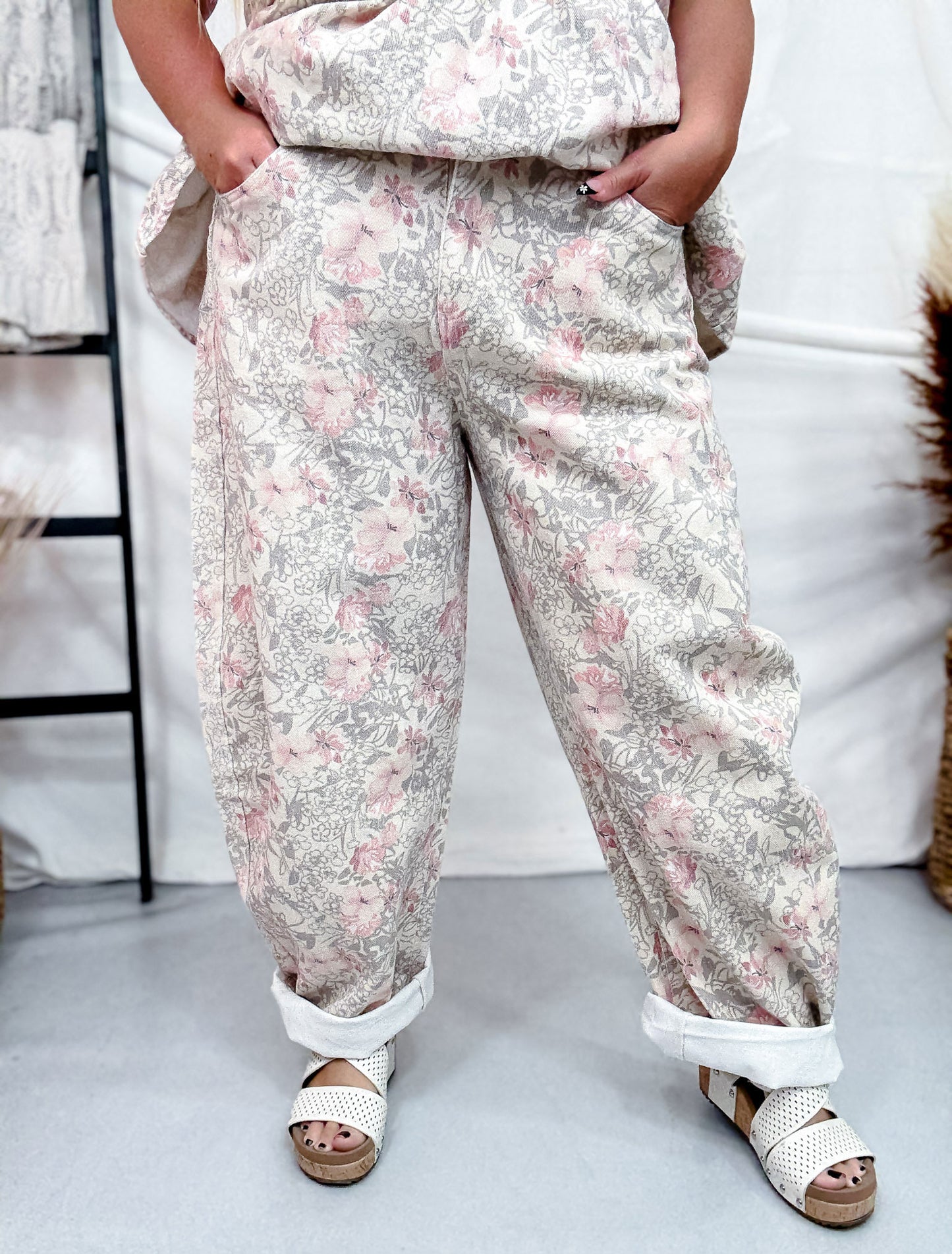 Khaki Floral Barrel Leg Pants