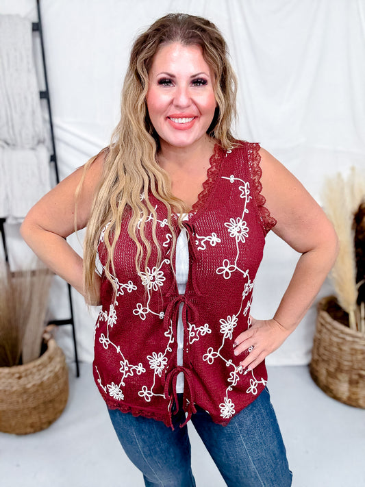 Burgundy Open Knit Vest With Floral Embroidery
