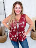 Burgundy Open Knit Vest With Floral Embroidery