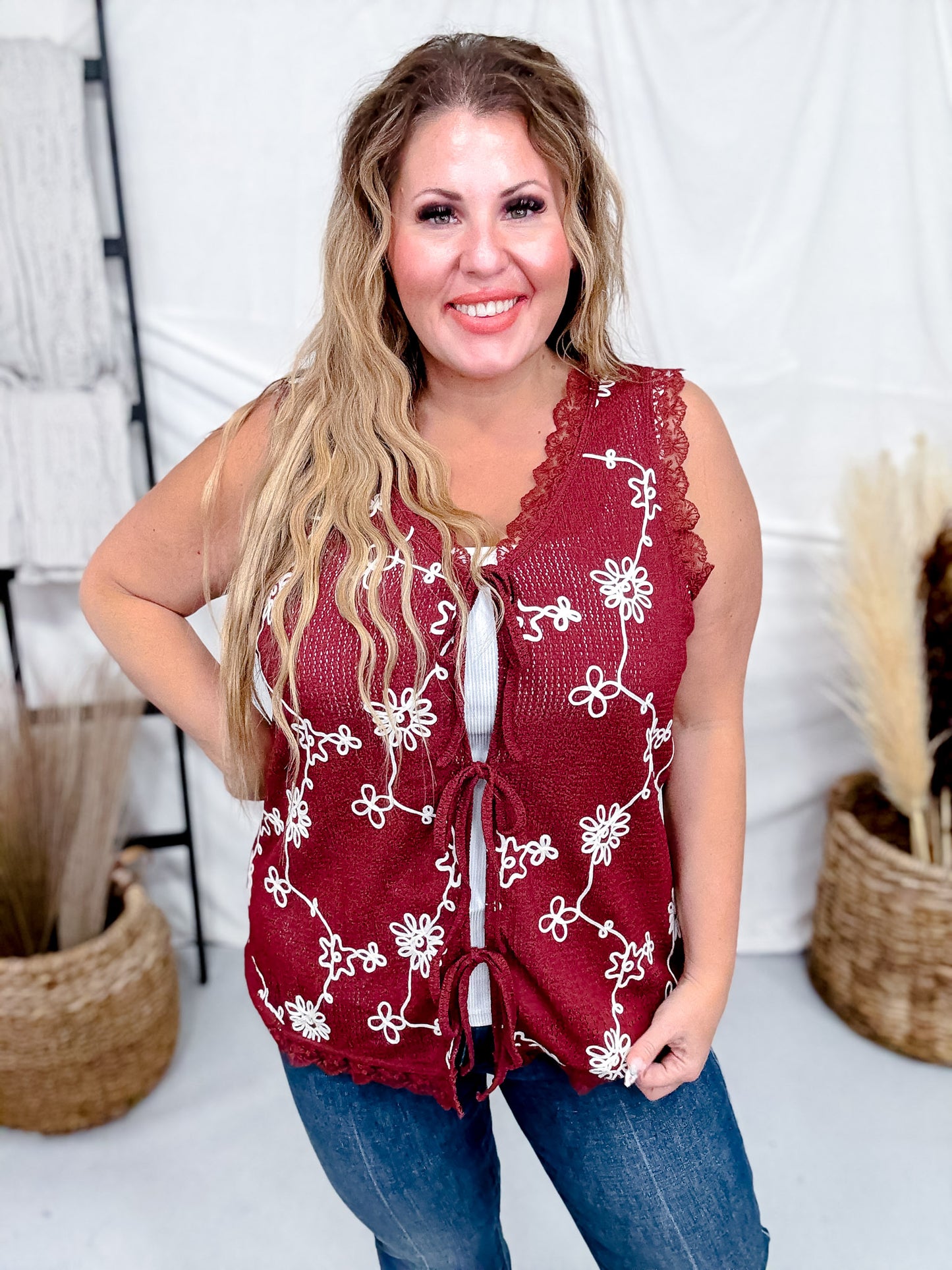 Burgundy Open Knit Vest With Floral Embroidery