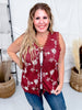 Burgundy Open Knit Vest With Floral Embroidery