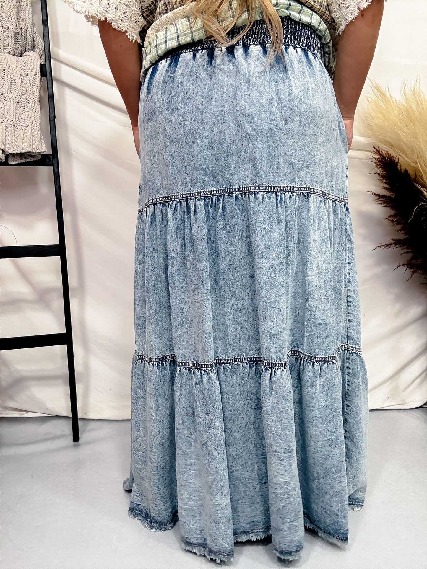 Light Denim Smocked Back Maxi Skirt