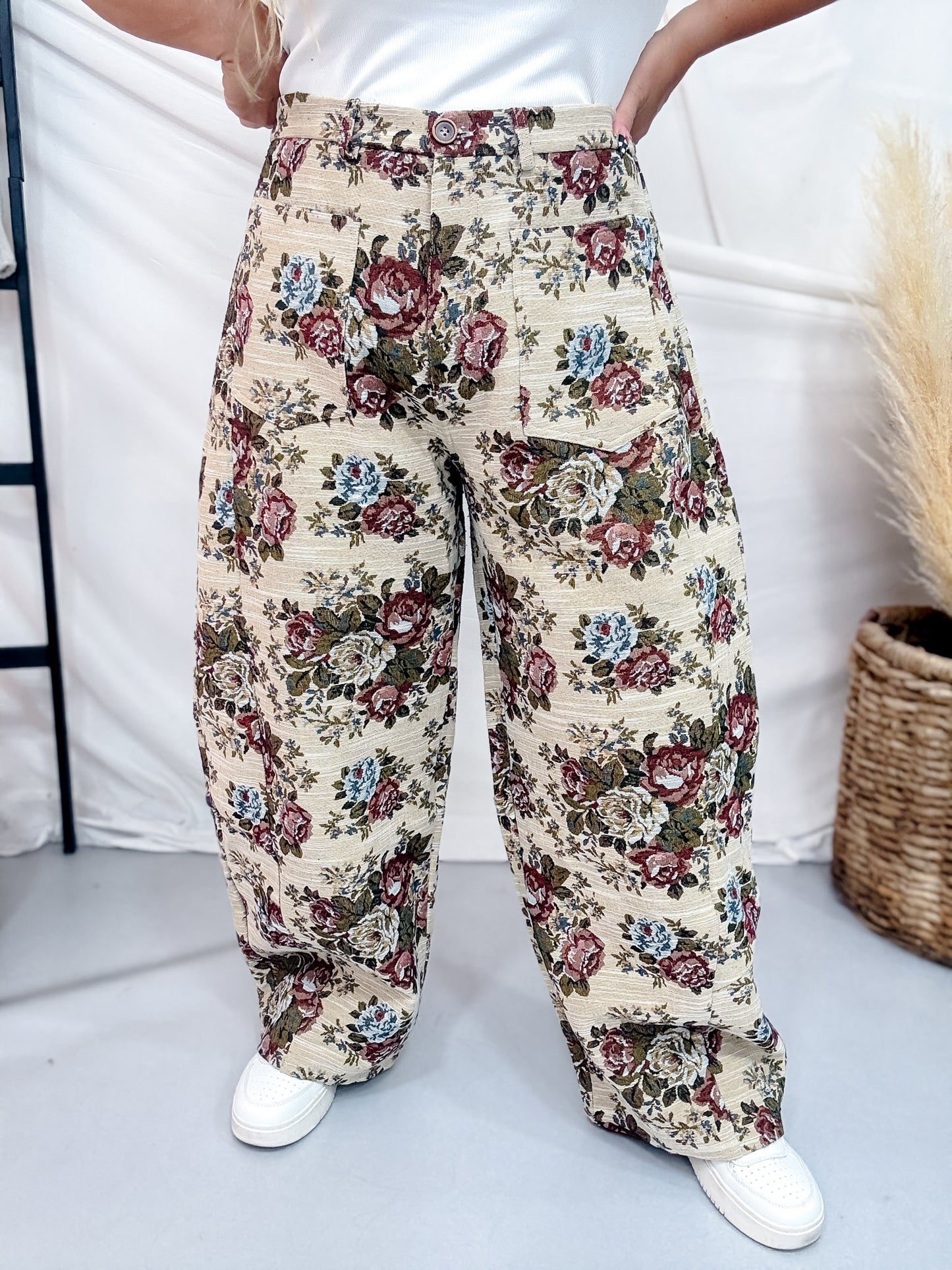 Beige & Mauve High Waist Barrel Leg Floral Jacquard Pants