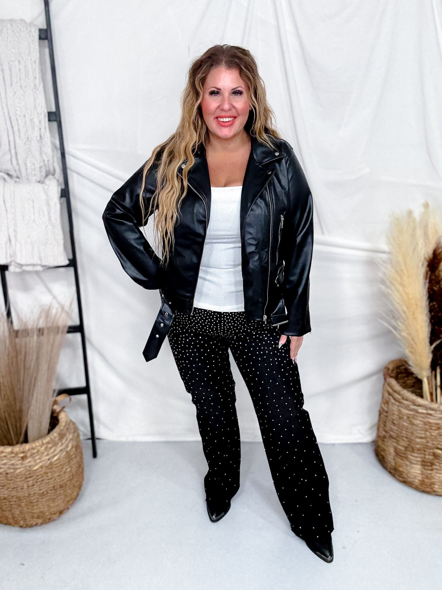 Black High-Rise Slim Wide Leg Jeans W/ Rhinestones