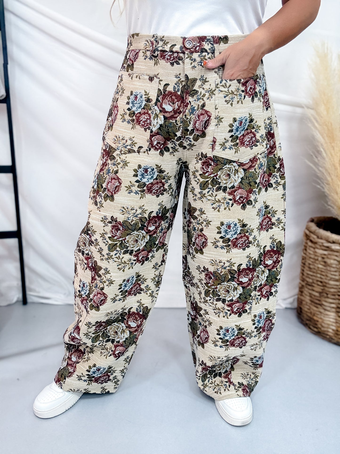 Beige & Mauve High Waist Barrel Leg Floral Jacquard Pants