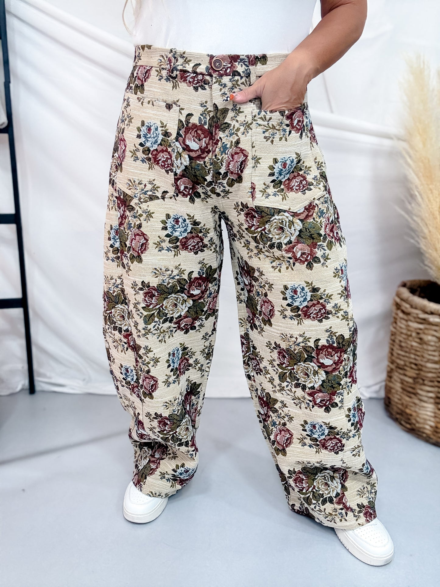 Beige & Mauve High Waist Barrel Leg Floral Jacquard Pants