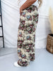 Beige & Mauve High Waist Barrel Leg Floral Jacquard Pants