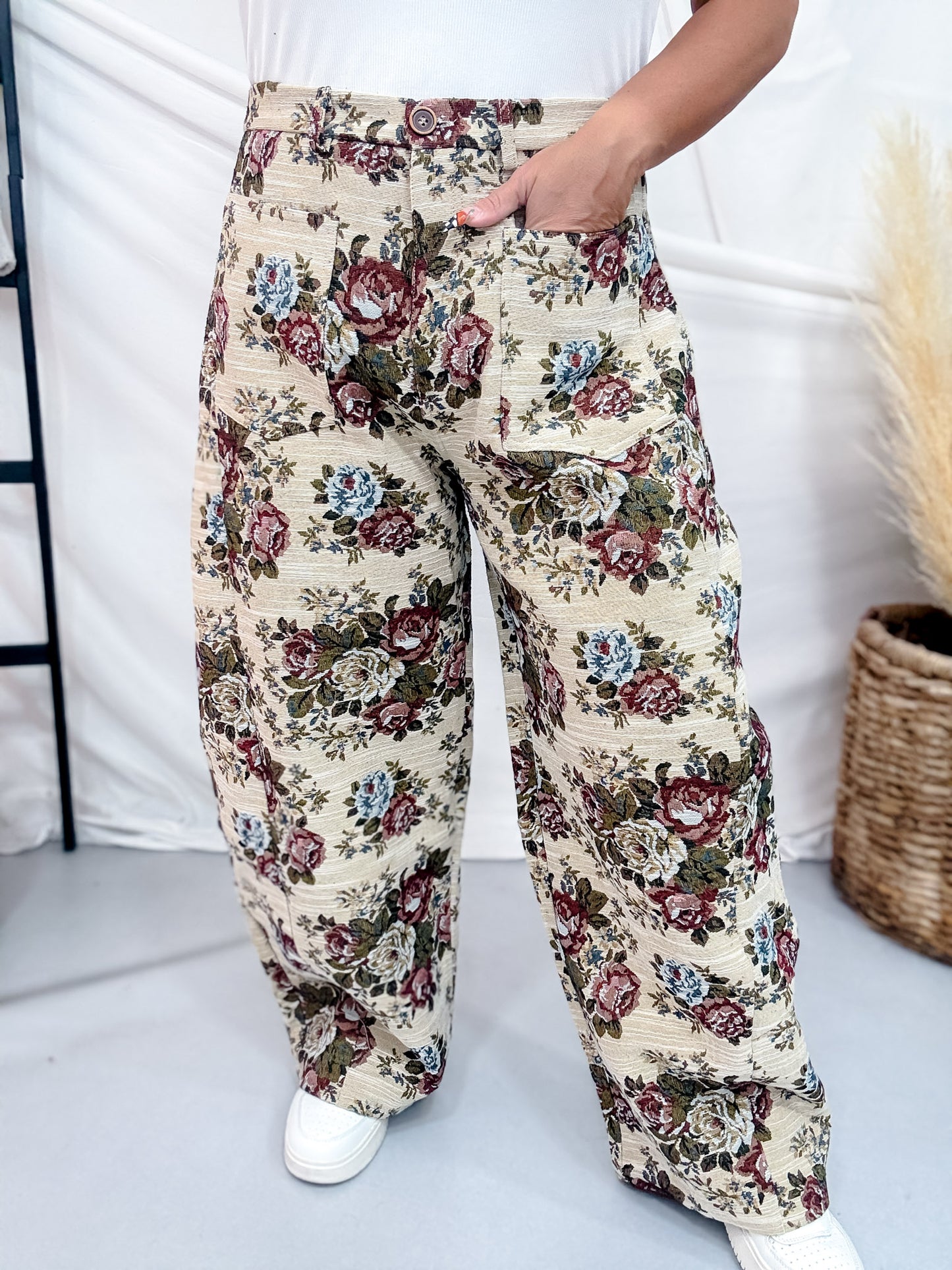 Beige & Mauve High Waist Barrel Leg Floral Jacquard Pants
