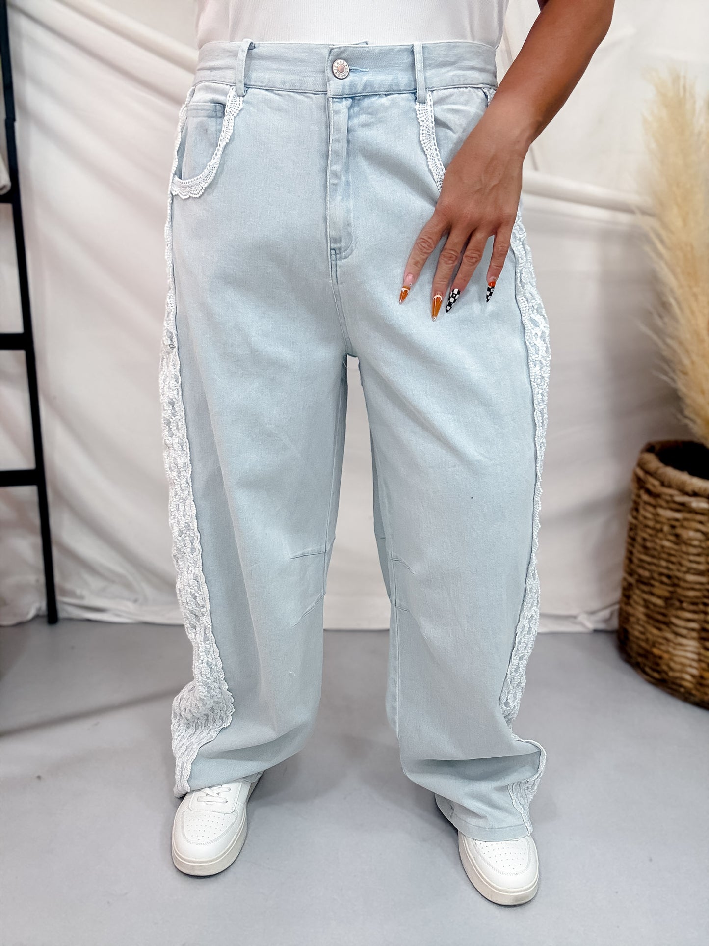 High Waist Floral Lace Trimmed Light Denim Baggy Jeans