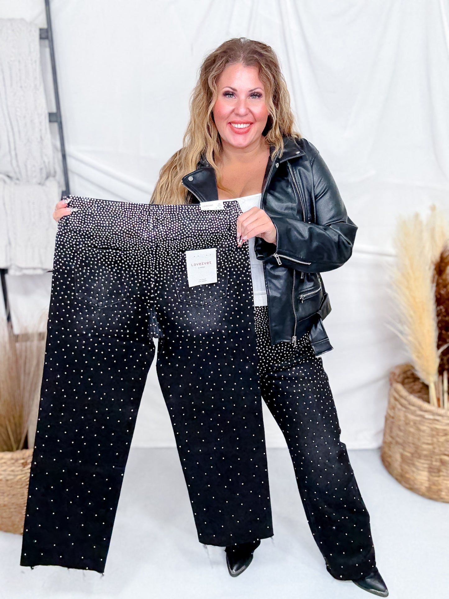 Black High-Rise Slim Wide Leg Jeans W/ Rhinestones