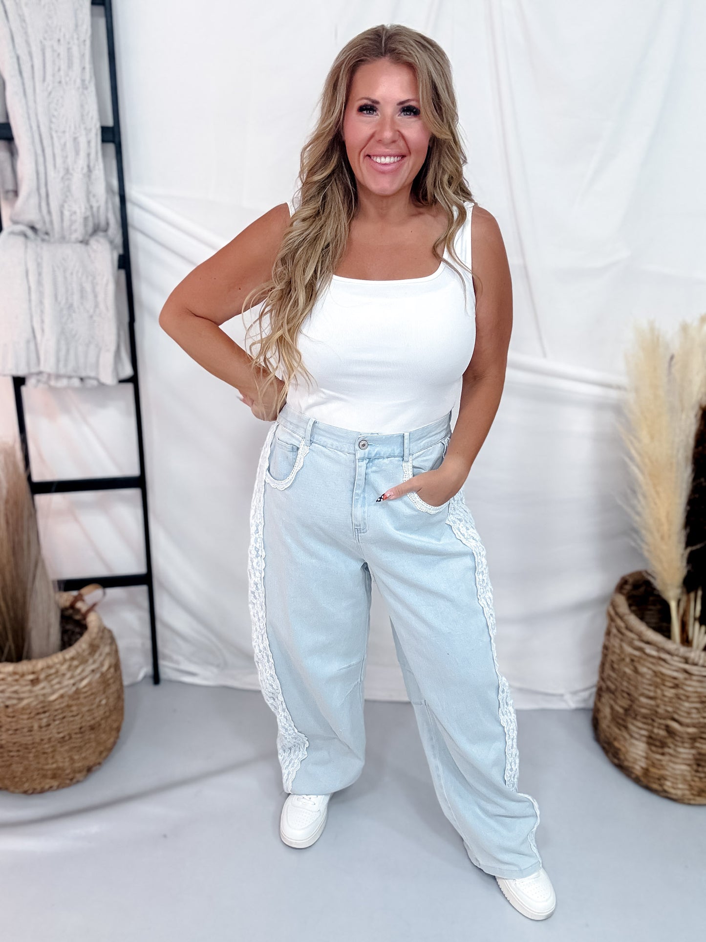 High Waist Floral Lace Trimmed Light Denim Baggy Jeans