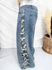Mid Rise Wide Leg Jeans With Camo Print & Side Bow Ties