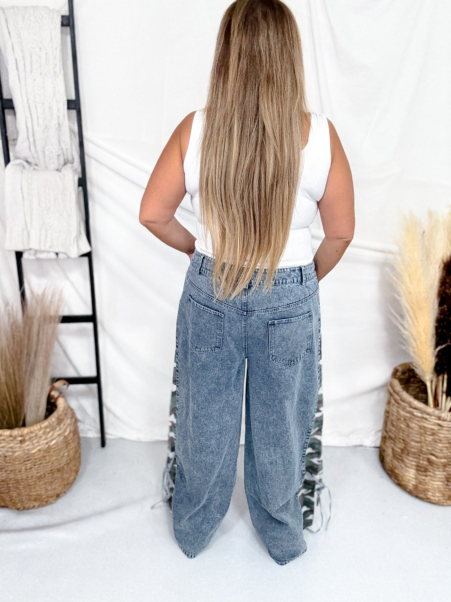 Mid Rise Wide Leg Jeans With Camo Print & Side Bow Ties