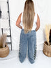 Mid Rise Wide Leg Jeans With Camo Print & Side Bow Ties