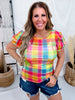 Rainbow Plaid Mesh Top With Short Puff Sleeves