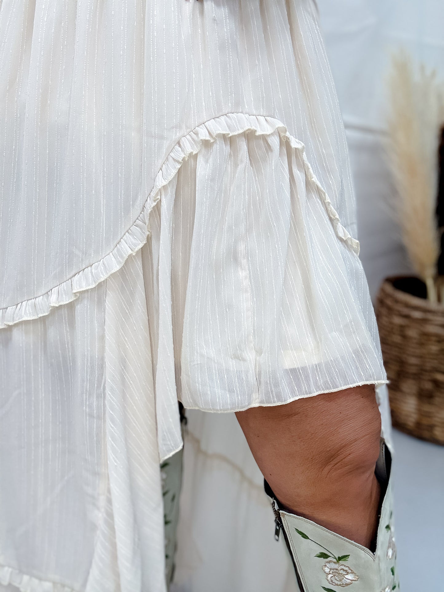 Nude Pinstriped Woven Ruffle High-Low Skirt
