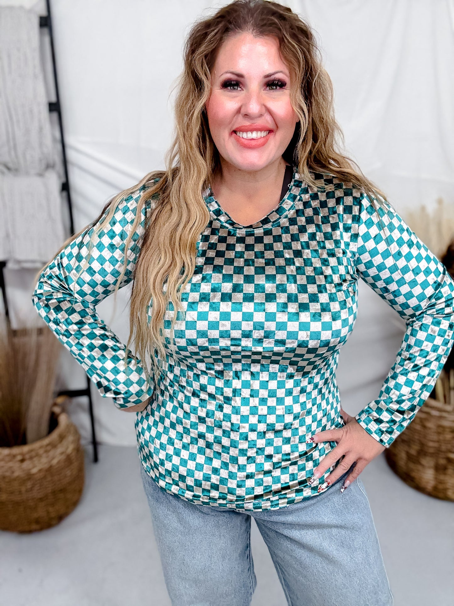 Teal and Beige Checkerboard Velvet Top