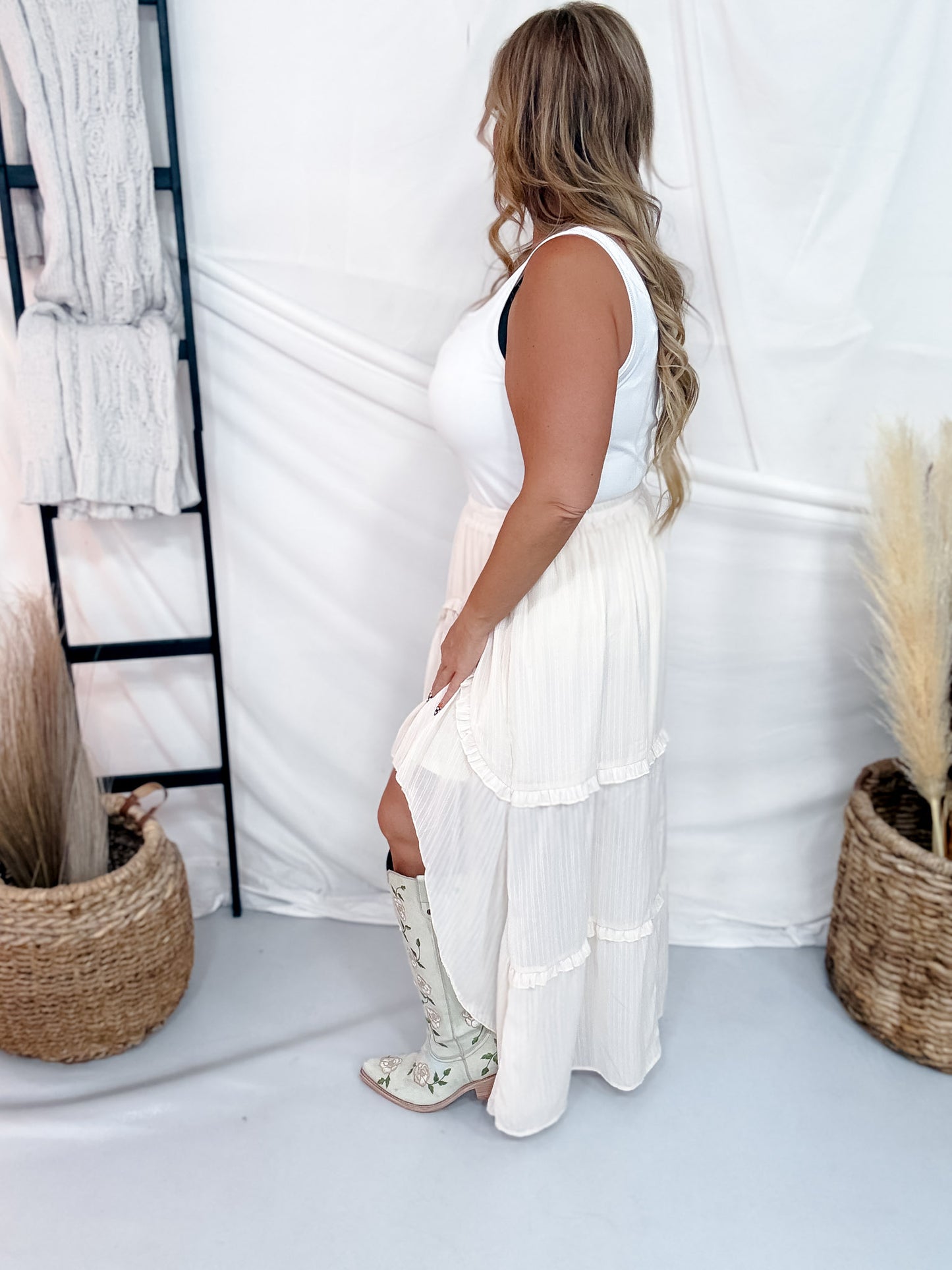 Nude Pinstriped Woven Ruffle High-Low Skirt